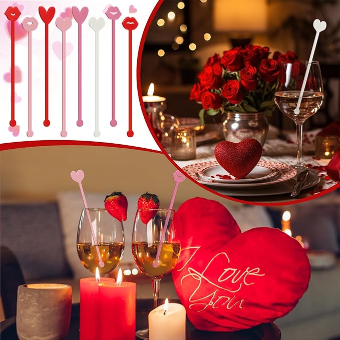 32 Pcs Valentines Day Cocktail Stirrers 7 Inch Heart Love Lips Drink Coffee Stirrers Cute Acrylic Stir Sticks for Valentines Wedding Drink Birthday Bridal Cocktail Supply(Fashion Style)