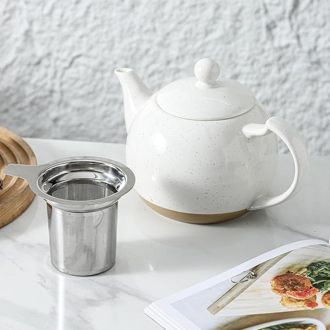 HVH 34 oz Porcelain Teapot with Stainless Steel Infuser, Ceramic Tea pot with Infuser for Loose Tea, Enough For 6 Cups, High Tea Series, Farmhouse Style (White)