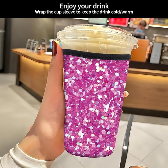 Reusable Neoprene Insulator Sleeve for Iced Coffee Cold Soda Cups, Cute Durable Drink Sleeve for Cold Beverages, Medium 22-28oz Cup Sleeve Luxuious Pink Marble
