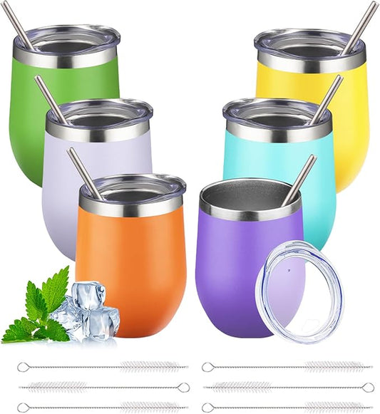 12oz Stemless Wine Tumbler with Lid Double Wall Insulated Wine Cup Stainless Steel Glasses Tumbler with Straw Insulated cocktail Tumbler Coffee Mug for Hot and Cold Beverages (Multicolor-11,6Pack)