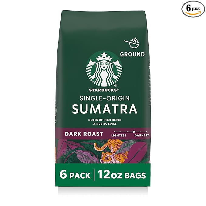 Starbucks Ground Coffee, Dark Roast Hot or Iced Coffee, Single-Origin Sumatra, Six 12 oz Bags