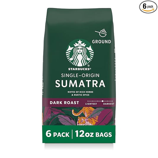 Starbucks Ground Coffee, Dark Roast Hot or Iced Coffee, Single-Origin Sumatra, Six 12 oz Bags