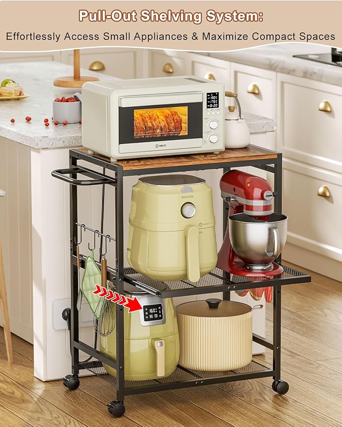 Kitchen Cart with Adjustable Shelves 3-Tier, Rolling Microwave Cart with Push Handle, Microwave Storage Stand with Drawer Slider Shelf, Utility Cart for Kitchen, Restaurant, Living Room, Office