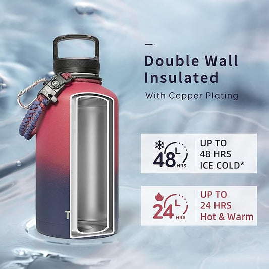 Trebo Insulated Water Bottle 64 oz, Half Gallon Metal Vacuum Water Jug with Paracord Handle and 3 Lids, Leakproof BPA-Free Flask for Gym Sports Hiking Travel, Keep Cold 48 Hours, Ruby Red