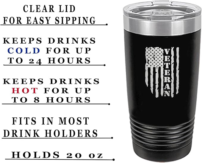 Rogue River Tactical USA Flag Veteran 20 Oz. Travel Tumbler Mug Cup w/Lid Vacuum Insulated Hot or Cold Military Vet Gift (Black)