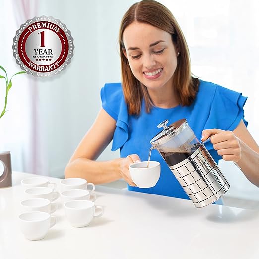 OVENTE French Press Coffee Maker 34 Ounce with Heat Resistant Borosilicate Glass, Stainless Steel Design and 4-Level Filter System, Portable Cold Brewer Pot for Travel, Camping or Gift, Silver FSS34P