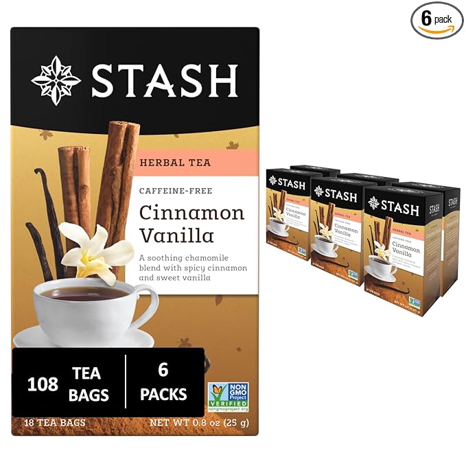 Stash Tea Cinnamon Vanilla Herbal Tea - Naturally Caffeine Free, Non-GMO Project Verified Premium Tea with No Artificial Ingredients, 18 Count (Pack of 6) - 108 Bags Total