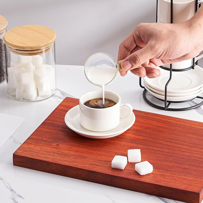 Meichu 2.5oz Porcelain Stackable Espresso Cups with Saucers and Metal Stand Set of 4, Stackable Espresso Cups Set of 4, White Expresso Shots Cup Set for Cappuccino, Coffee Drinks, Latte, Tea