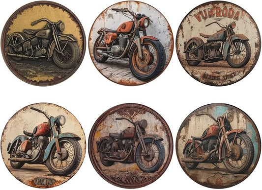 Retro Motorcycle Coasters for Drinks with Holder Round Leather Coasters Set of 6 Cups Mugs Mat Pad for Home Kitchen Bar