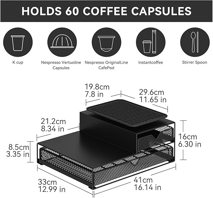 Coffee Maker Countertop Organizer,K Cup Pod Drawers,60 Coffee Capsule Pod Holder,Integrated Design Requires No Assembly.Slidng Storage Pod Baskets,K Cup holder,Silicone Drink Coasters