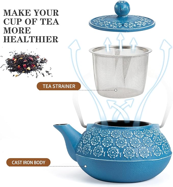 Sotya Cast Iron Teapot, 30oz/900ml Japanese Tetsubin Tea Pot with Infuser for Loose Leaf and Tea Bags, Tea Kettle Coated with Enameled Interior for Stove Top, Dark Blue