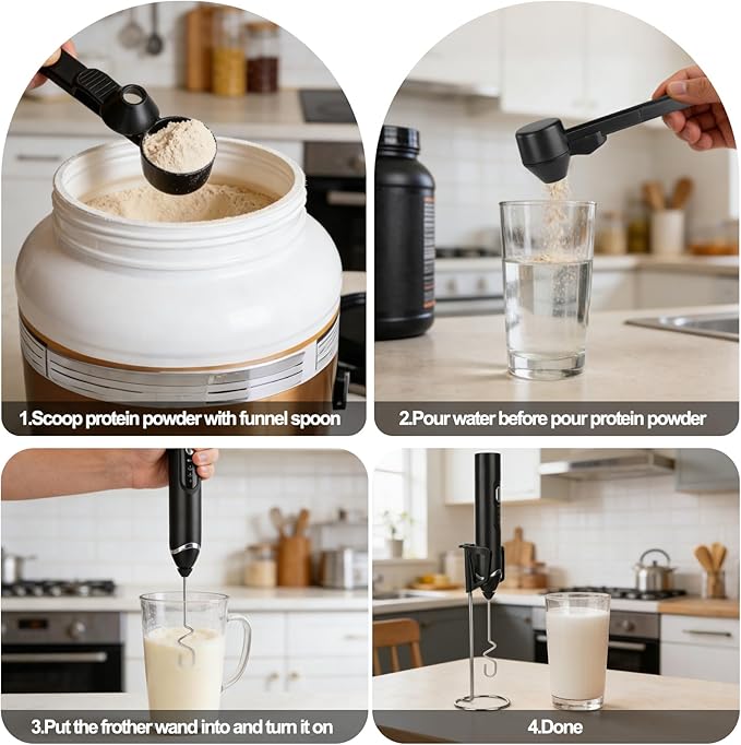 Juome Frother for Protein Powder - Rechargeable 4-in-1 Protein Mixer Wand Set, Protein Powder Scoop Funnel, Waterproof Electric Drink Frother Wand for Milk, Coffee, Lattes, Matcha & Creamer (White)