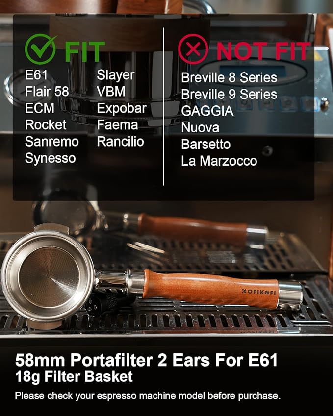58mm Bottomless Portafilter 2 Ears For E61, Flair 58, ECM, Rocket, Sanremo, Synesso, Slayer, VBM Espresso Machine, Bottomless Naked Portafilter with 18g Filter Basket and Puck Screen - Rosewood