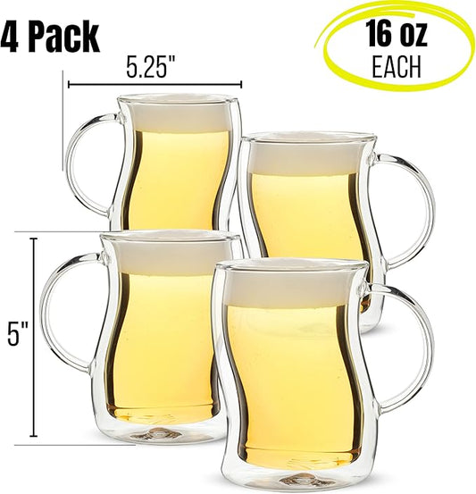 BTaT- Double-Walled Beer Mugs, 16 oz, 4 Pack, Double-Walled Glass with Handle, Insulated Beer Glasses, Drinking Glasses for Bar, Beverages, Alcohol, Water