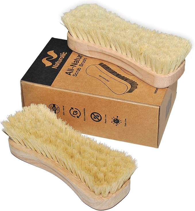 All-Natural Wooden Scrub Brush Set | Eco-Friendly Cleaning Brush Set with Tampico Bristles | Floor Scrub Brush & Shower Scrubber for Bathroom, Tub, Kitchen & Carpet | Sustainable Set – Pack of 2