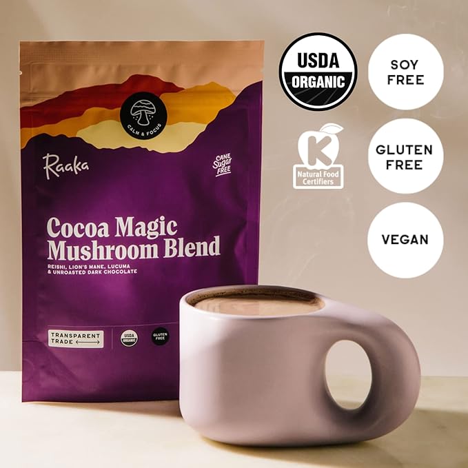 Raaka Cocoa Magic Mushroom Hot Chocolate Blend with Lion’s Mane, Reishi and Lucuma - Gourmet Adaptogenic Mushroom Hot Chocolate - Organic, Vegan, Low Sugar, Gluten Free, Kosher - 5 oz. Bag (8 Servings)