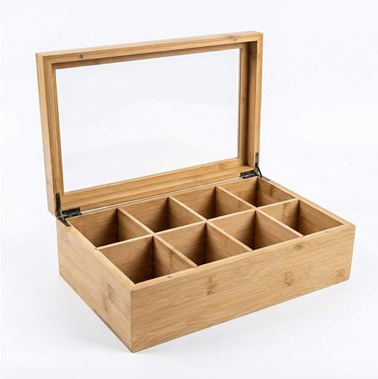 Acacia Wood and Bamboo Tea Bag Organizer - 4 & 8 Compartment Tea Box for Countertop - Tea Station & Coffee Bar Accessories - Fits Large & Craft Tea Bags (Wood, 8 Compartment)