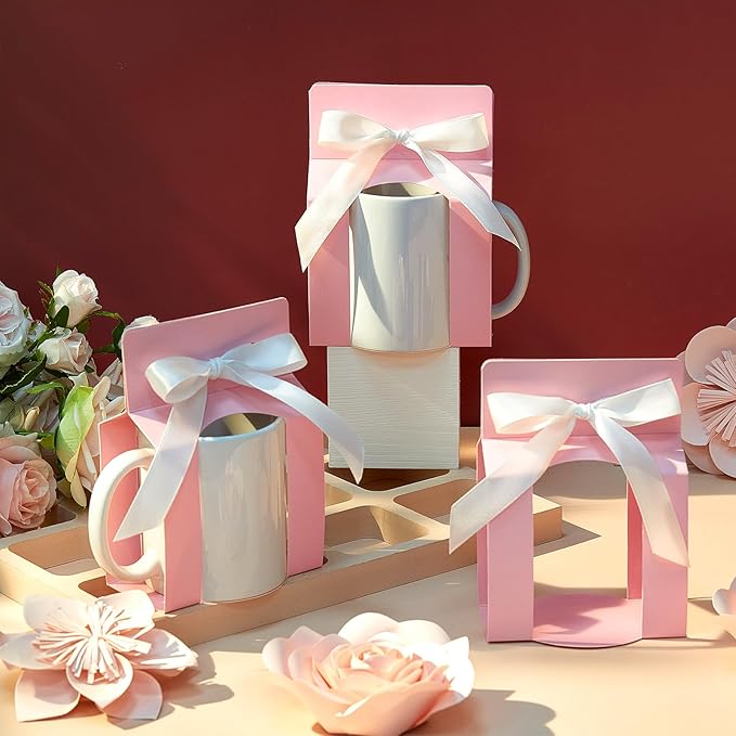 Kosiz 36 Pcs Mug Boxes Sublimation Coffee Mugs Gift Bags with Window Packaging Storage Box for Shipping Selling Wedding Valentines Gift Packaging Wrapping (for 11oz Mug,Pink,White)