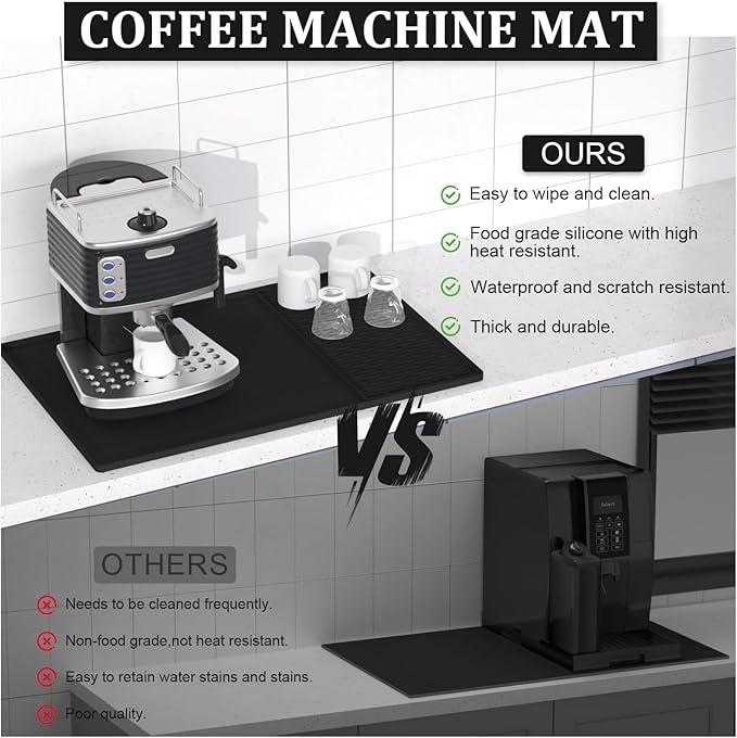 Silicone Coffee Mat - 24" x 16" Removable Bar Mat, Waterproof Leak-Proof Dish Drying Pad, Fits Under Coffee Makers and Espresso Machines to Keep Surfaces Clean, Black