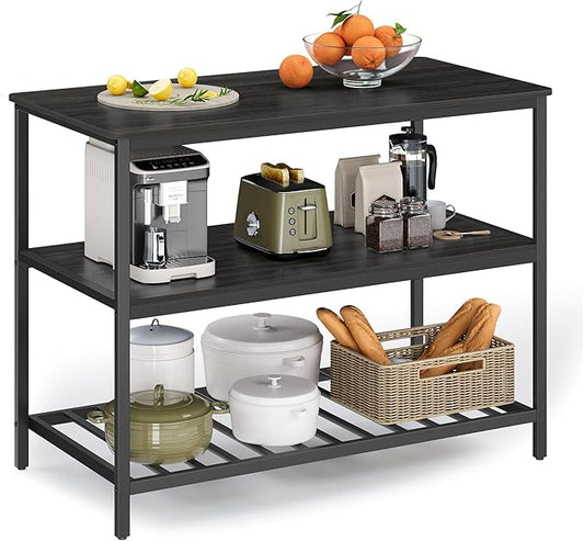 VASAGLE Kitchen Island with 3 Shelves, 47.2 Inches Width Kitchen Shelf with Large Worktop, Stable Steel Structure, Industrial, Easy to Assemble, Ebonised Oak and Black UKKI001B42