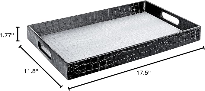 17.5"x12" Silver & Black Glossy Crocodile Faux Leather Serving Tray Beautiful Modern Elegant Decorative Tray with Handles Ottoman Coffee Table Tv Remote Storage for All Occasion's