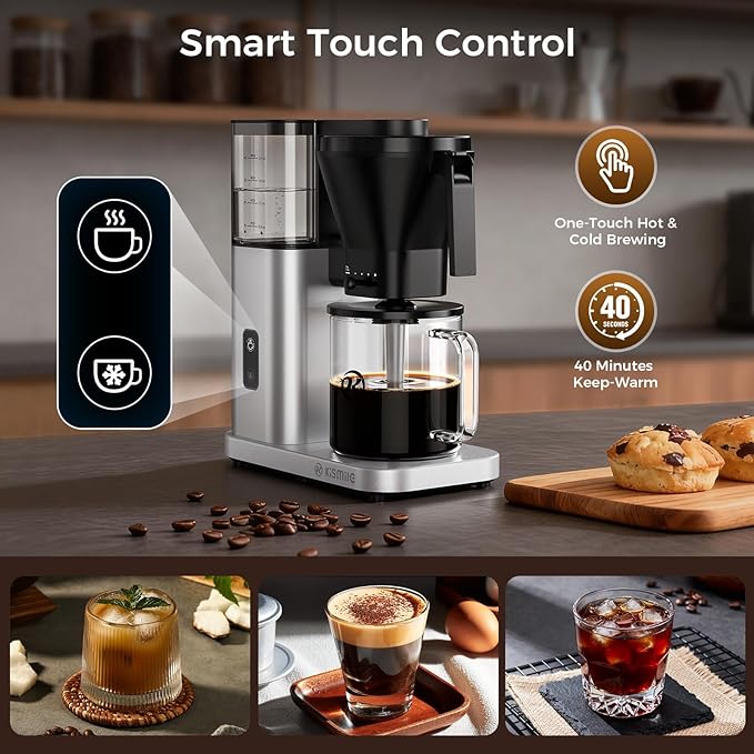 Kismile 8-Cup Drip Coffee Maker,Automatic pour over coffee machine,Portable Stainless Steel Coffee Maker, Dishwasher Safe, SCA Standard, 1200L/40 ounce, Hot & Iced, Silver