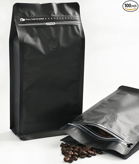12mil Stand Up Coffee Bags, Flat Bottom Pouch with one-way Air Release Valve and Reusable Side Zipper(Black, 100PCS-Medium-1lb/16oz/500g)
