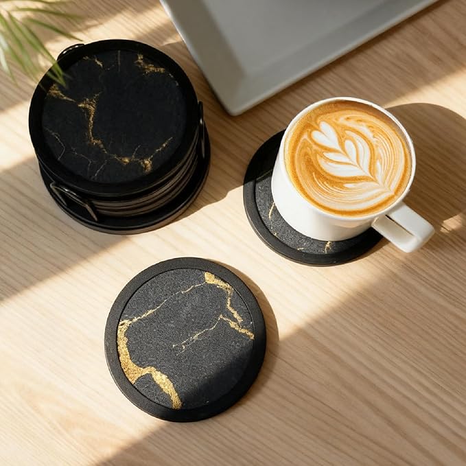 Set of 6 Non-Slip Silicone Coasters with Holder, Double-Sided Absorbent for Hot/Cold Drinks, Scratch & Water Ring Protection for Wood Tables, Home Office Bar, Black Gold Marble (Black Gold Pattern)