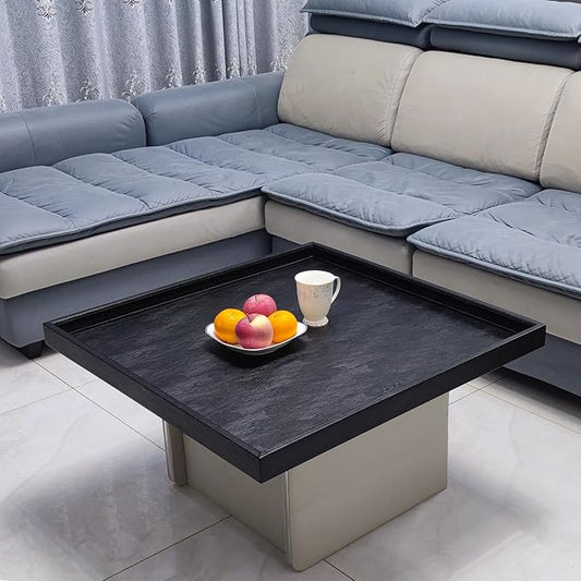 30 * 30 inches Luxury Leather Square Oversized Service Tray, Ottoman & Coffee Tray for Family Dinner, Out-of-House Picnic & Party (30 inch Black)