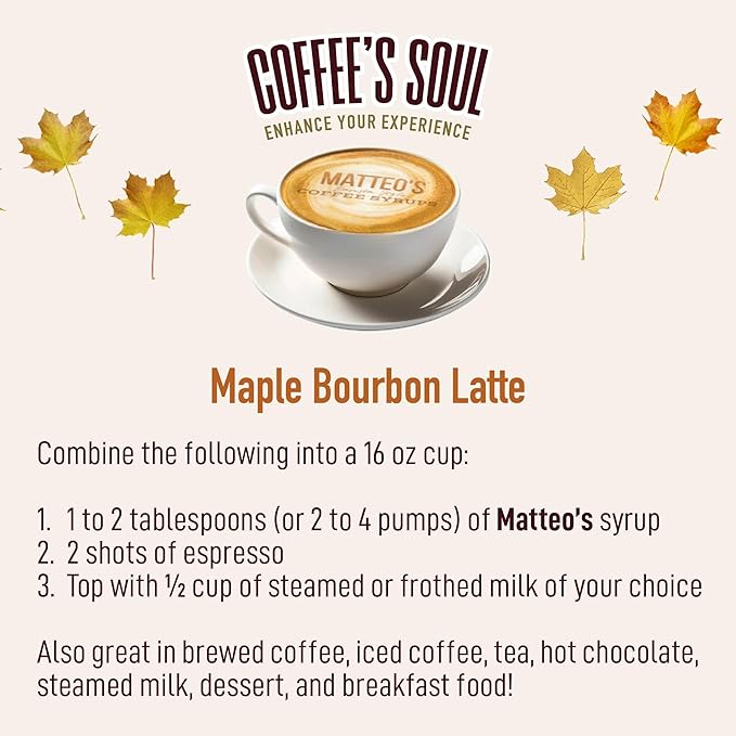 Matteo's Maple Bourbon Syrup for Coffee, Lattes, Cappuccinos & Desserts – Sugar-Free Sweetener for Beverages, Keto Friendly, Zero Calories, Indulgent Flavor, Non-Alcoholic, 33.8oz (1pk)