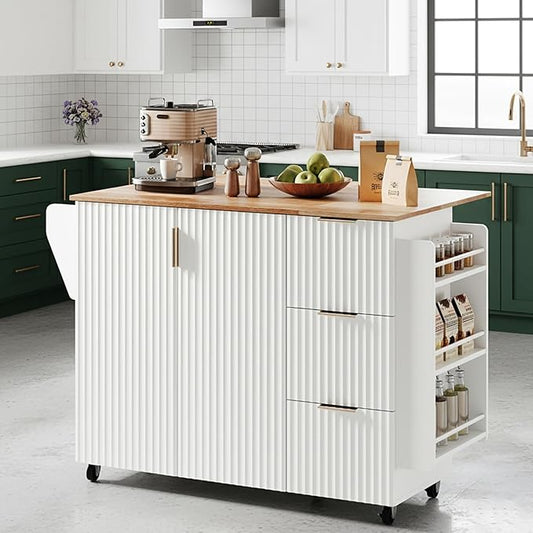 VINGLI Fluted Kitchen Island Cart on Wheels with Storage, Folding Rolling Kitchen Island with Drawers, Small Portable Island Table with Extendable Rubber Wood Top, White