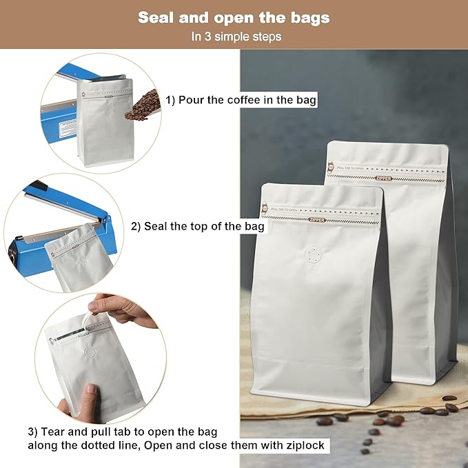 White Kraft Coffee Bags with Side Gusset, Resealable Stand-Up Coffee Pouches with Side Zipper, Degassing Valve for Coffee (Size: 5.75 x 13.25", 32oz/2lb, Pack of 100)