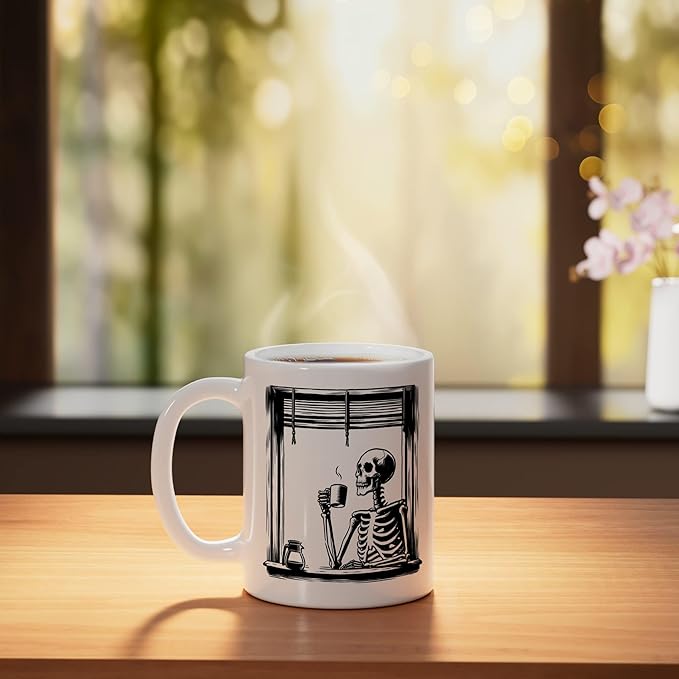 Skeleton Drinking Coffee - Minimalist Graphic Coffee Lover Ceramic Mug, White
