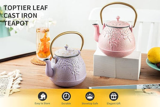 TOPTIER Japanese Cast Iron Tea Kettle with Stainless Steel Infuser, Cast Iron Teapot Stovetop Safe, Leaf Design Teapot Coated with Enameled Interior, 32 Ounce (950 ml), Lilac Purple