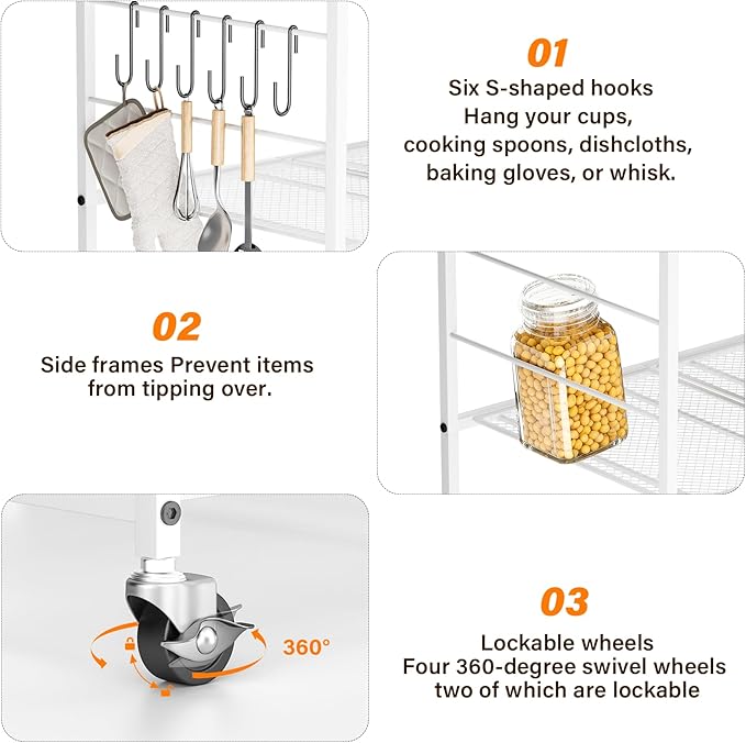 Abiglifty 3-Tier Rolling Kitchen Cart, Microwave Cart with Lockable Wheels, Kitchen Utility Cart, Mobile Microwave Stand with Storage for Living Room, Office, Balcony, Bathroom,White