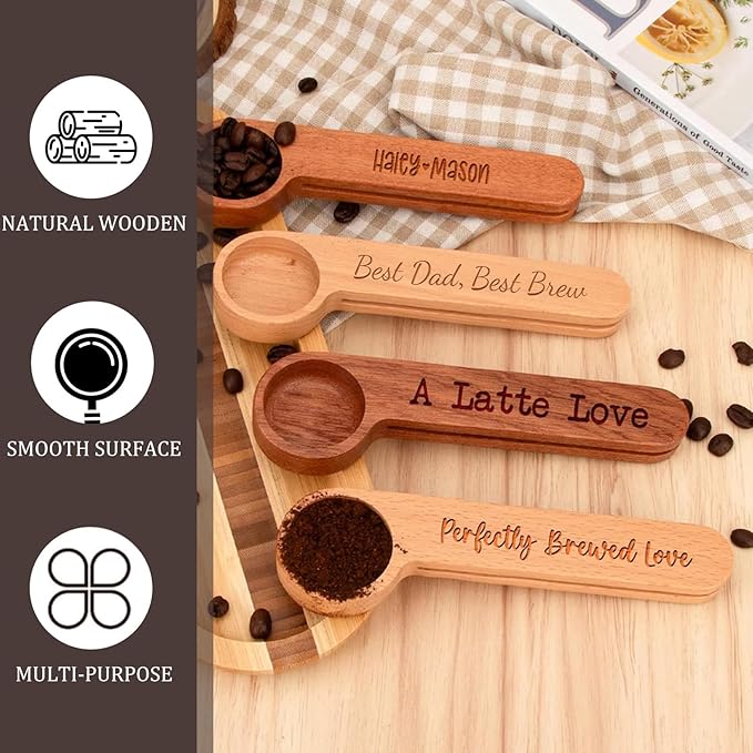Personalized Wooden Coffee Scoop with Clip, Custom Engraved Measuring Coffee Spoon with Name for Ground Beans or Tea, Sugar, Protein Powder, Coffee Lover Family Dad Mom Birthday Valentines Gifts
