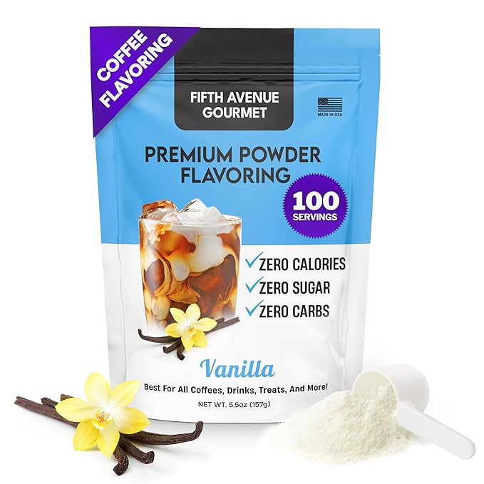 Fifth Avenue Gourmet Premium Powder Flavoring, Zero Sugar, Calories & Carbs, 157g Vanilla Powder for Coffee, Drinks & Treats, Ideal for Keto & Low-Carb Lifestyles - 100 Servings, Vanilla