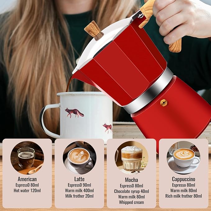 Vaolvpant 12 Cup Aluminum Moka Pot Classic Stovetop Espresso Coffee Maker 600ml 20oz Coffeemaker Percolator Mocha Pot Greca Coffee Maker Cafe Makers for Italian and Cuban Café Brewing Red
