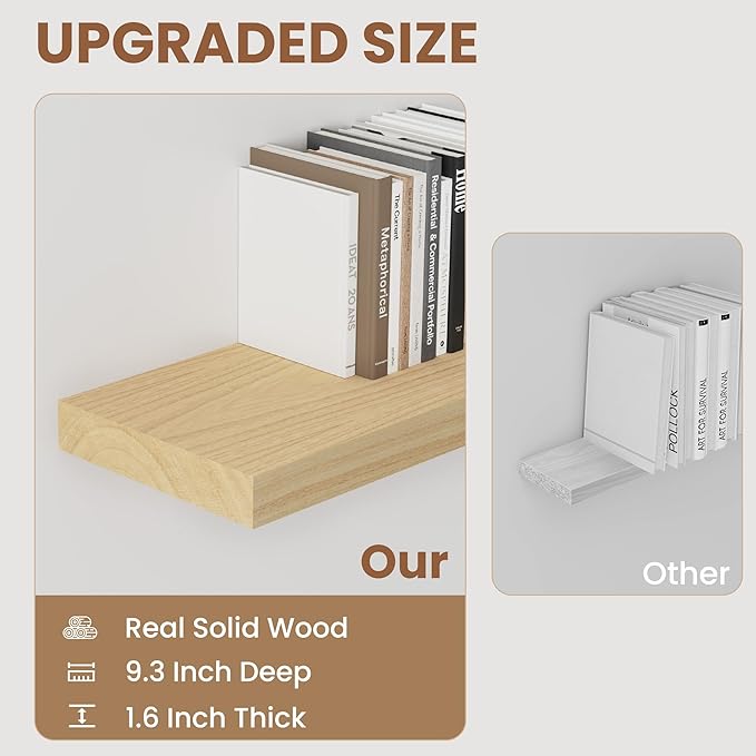 48" Solid Wood Floating Shelves, 9.3 Inch Deep Floating Shelves for Wall, Rustic Wooden Shelves for Wall Decor, Large Fireplace Mantel for Storage, Deep Floating Shelf Set of 1, Burlywood