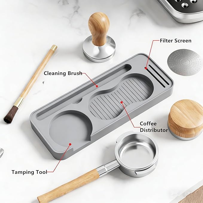 Espresso Tamping Mat, Espresso Tamper Mat, Coffee Tamper Mat for Countertop, Non-Slip Heat Resistant Silicone Portafilter Mat for Distributor, Brush & Puck Screen, Dishwasher Safe (Black, 9.5"×3.7")