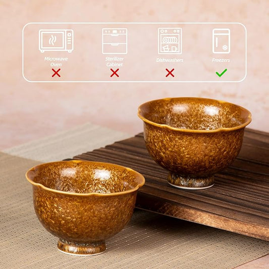 KAMMAK Ceramic Tea & Coffee Cups Set of 2 - Vintage Crystalline Glaze Espresso Mugs, 3.1oz Hand Painted for Afternoon Tea or Coffee, Birthday Gift for Women Men, Tall Flower-shaped Cup