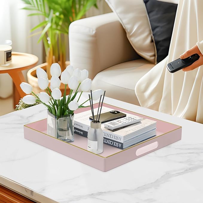 MAONAME Decorative Tray, Pink Serving Tray with Handles, Coffee Table Trays, Square Plastic Trays for Ottoman, Bathroom, Kitchen, 13" x 13" x 1.57"