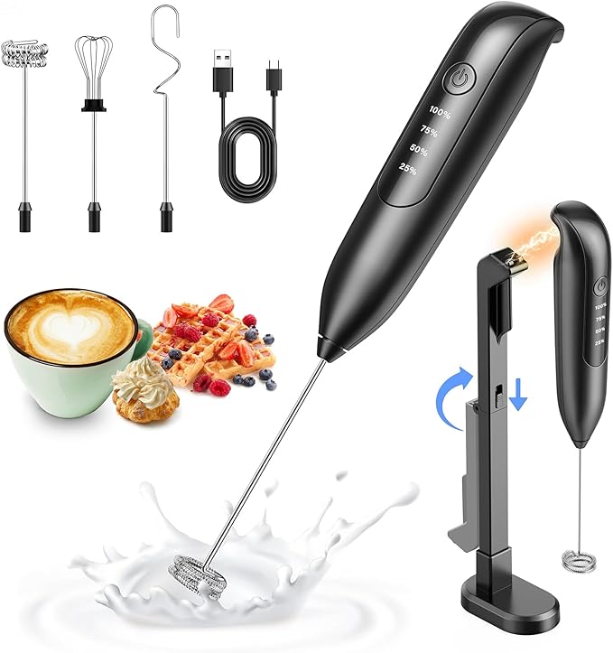Electric Milk Frother Handheld: coffee frother rechargeable 3 in 1 - LED Display, Wireless Charging - 3 Speeds, Stainless Steel Whisk for Latte, Cappuccino - Bright Grey