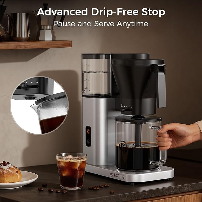 Kismile 8-Cup Drip Coffee Maker,Automatic pour over coffee machine,Portable Stainless Steel Coffee Maker, Dishwasher Safe, SCA Standard, 1200L/40 ounce, Hot & Iced, Silver