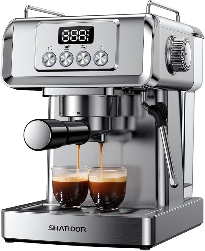 SHARDOR 20-Bar Espresso Machine for Home Barista, Built-In Steam Wand for Latte & Cappuccino, Stainless Steel Espresso Coffee Maker with Temp Display, 1350W, 60oz Water Reservoir