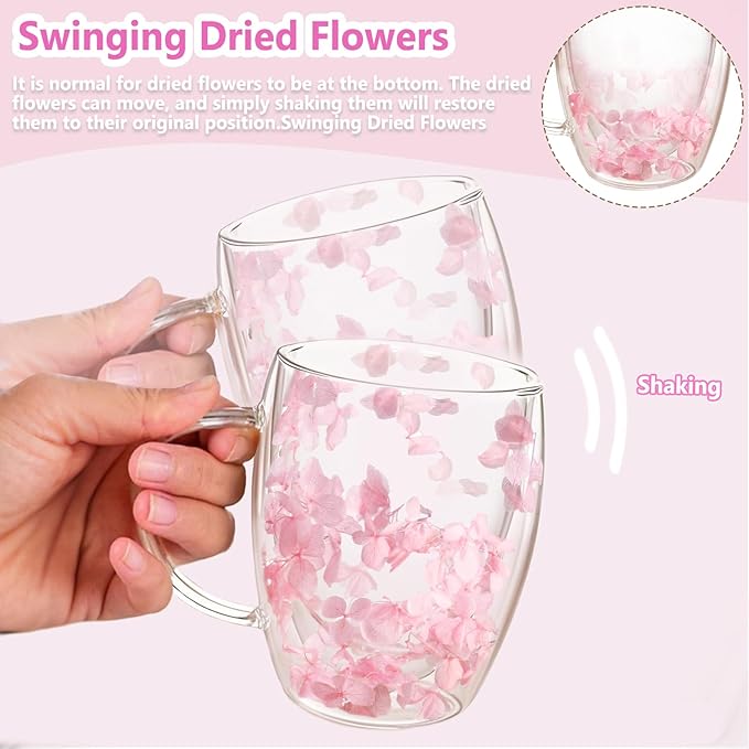 Gifts for Women Dried Flowers Double Wall Glass Coffee Mugs Cute Glass Tea Cups with Handles Autumn Mug Christmas Birthday Gifts for Best Friend Teacher Mum Gift New Home Gift Ideas Home Decor