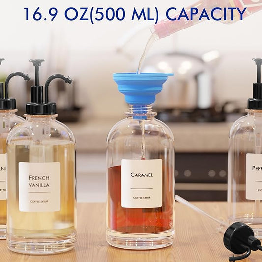 16.9 oz/500 ml Coffee Syrup Dispenser Set - 6 Glass Bottles with Black Pumper and Syrup Labels - Precise Dispensing and Stylish Addition to Coffee Shop, Cafe or Home Bar