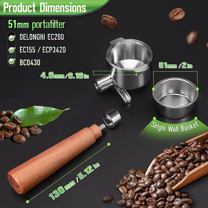 51mm 2 Ear Portafilter for DeLonghi EC260/EC155/ECP3420/BCO430- Stainless Steel Handle with Precision Basket and Siam Rosewood Grip