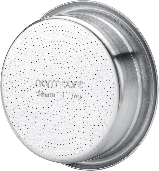 Normcore 58mm Precision High Extraction Basket, 16 g Espresso Portafilter Basket, Includes Paper Filters (200pcs) and 58.5mm Puck Screen, 0.8mm Thickness, 0.28mm Hole Diameter, 16g