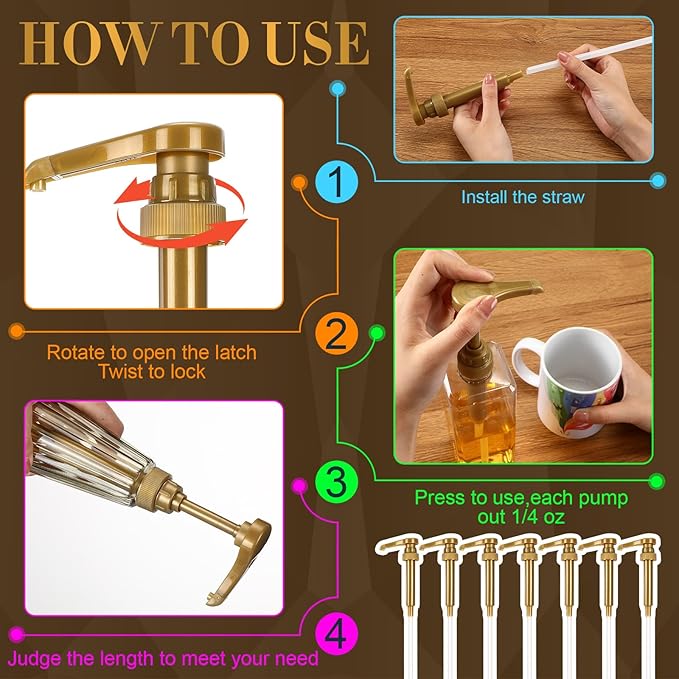 Geetery 50 Pcs Coffee Syrup Pumps Skinny Pumps for 25.4 Oz/750ml Coffee Syrup Bottles for Home Bar Soda Cherry Juice Cocktails(Gold)